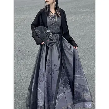 2023 Poletje Izboljšano Kitajske Tradicionalne Črne Natisnjeni Hanfu Obleko Dva Kosa Iz Ženske Gotike Sodobne Halloween Kostum Cosplay