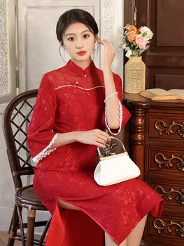 Kitajske Tradicionalne Ženske Poročne Obleke Flare Rokav Šifon Cheongsam Elegantno Mandarin Ovratnik Beaded Čipke Qipao