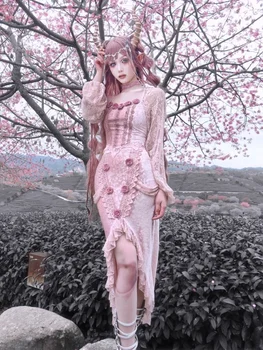 Krilo ženska Moda in Ženske Votlih-out Zagovora Vgrajeni Naguban Poletje Nova Romantična Žamet Lotus Pink Čipke Rose Fishtail Mid-Dolžina