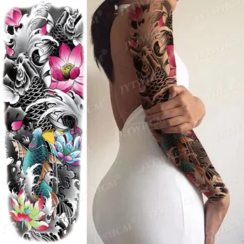 Poln Rokav Rose Tattoo Lotus Ure Ribe Nepremočljiva Začasni Tattoo Nalepke Lev Volk Skica Body Art Veliko Roko Ponaredek Tato Ženske
