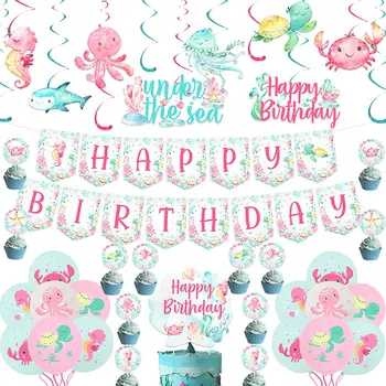 Pod Morjem Rojstni dan Okraski za Dekleta Ocean Morje Živali Happy Birthday Banner Visi Vrtinči Baloni Torto Toppers Kit