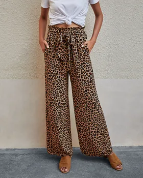 Donsignet Ženske Hlače Nove Modne Leopard Tiskanja Čipke-up Priložnostne Široko noge Hlače Plus Velikost Oblačila Svoboden Širok Noge Hlače za Ženske
