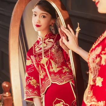 Nevesta Phoenix Vezenje Poročno Obleko Toast Oblačila Kitajske Tradicionalne Elegantno Cheongsam Klasični Dolg Rokav Qipao