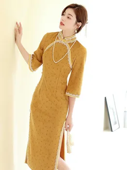 Nova Rumena Antilop Cheongsam Long Sleeve Vintage Obleko Ženske Slim-fit Kitajske Tradicionalne Dolge Qipao S Do XXL