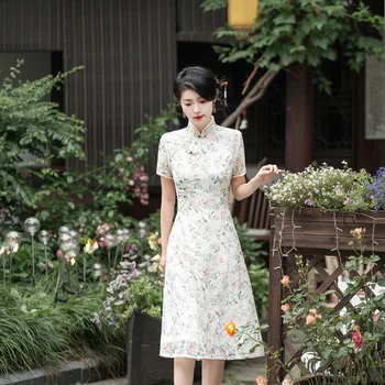 Yourqipao Poletje Čipke dvoslojno Cheongsam Izboljšano Velike Swing Mid-dolžina Sveže Nežen Qipao Kitajski Stil Oblačenja pri Ženskah