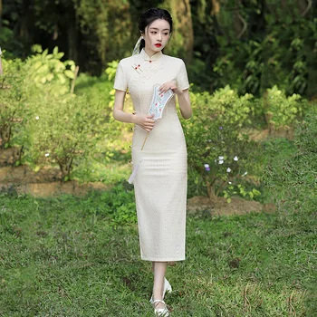 Elegantna Vezenina Aplicirano Šifon Qipao Tradicionalnih Mandarin Ovratnik, Kratkimi Rokavi Cheongsam Retro Kitajski Ženske Obleke