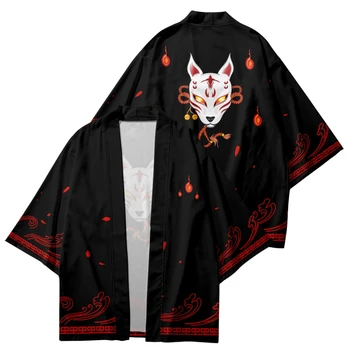 2023 Moda Harajuku Moški Ženske Cosplay Jopico Samurai Kimono Black Vrhovi Japonski Slog Fox Tiskanja Haori Srajce Yukata