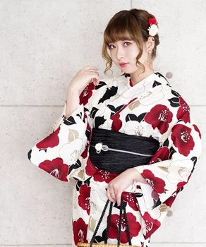 Japonski Kimono Ženska Tradicionalni Slog Bombažne Tkanine Japonski Vintage Photo Fotografija Potovanja Foto Camellia Mačka