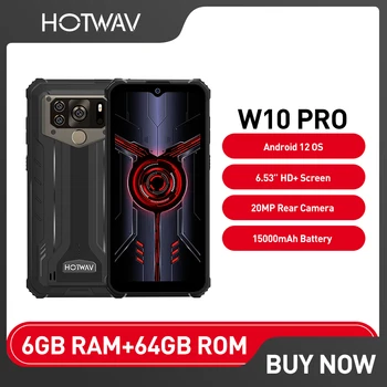 HOTWAV W10 Pro Mobilni Telefon 15000mAh 6GB+64GB Android 12 IP68 Vodotesen Krepak Telefon Helio P22 6.53 Palčni 20MP Kamera Zadaj