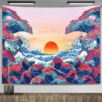 Velik Val Tapiserija, Sončni Zahod Japonske Tapestrys Steni Visi Oljnih Slik Narave, Krajine, Tapiserije Dnevna Soba Dekoracijo