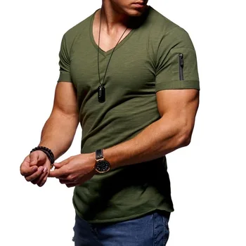 2022 Novih Moških Proti-vrat T-shirt Bodybuilding, Fitnes T-shirt High Street Poletje Kratka Sleeved Zadrgo Priložnostne Bombaž Vrh S-5XL