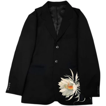 Yohji Yamamoto 23AW Jesen In Zimo, Obleke Epiphyllum Tiskanje Preprost Stil za Moške Športna Blazer Coatsingle Zapenjanje Jakne