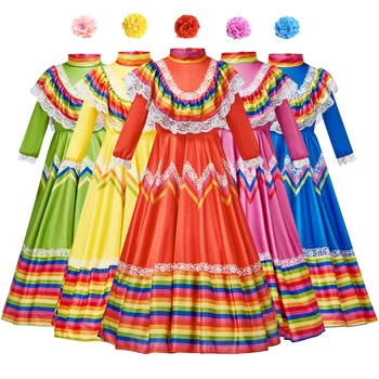 Mehiški Ples, oblačila za Ženske, Deklice Dolg Rokav Čipke Robom Mavričnih Barvnih Stripes Fazi Cosplay Kostum