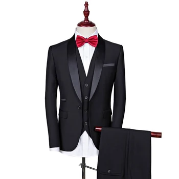Črno poročno priložnostne obleko moških Ženina Tuxedos Moške Obleke En Gumb Poroka Obleke za Moške Groomsman Barve (Suknjič+Hlače+telovnik)