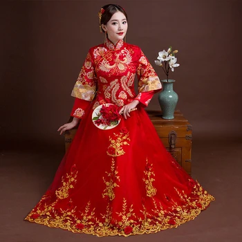 Visoka Kakovost 6XL Rdeče Nevesta Cheongsam Tradicionalne Ženske Phoenix Vezenje Qipao Poročno Obleko Kitajski praznične Obleke Oblačila