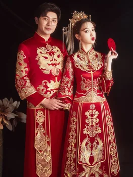 Nekaj Zmaj in Feniks Vezenje Poročno Obleko Retro Kitajski Slog Cheongsam Toast Oblačila