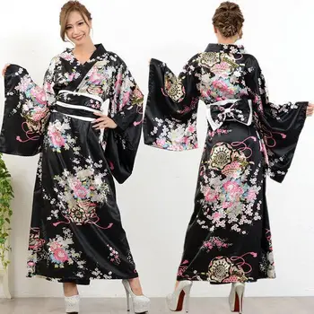 Tradicionalni Japonski Žensk Kimono Kostum Črni Cvet Yukata kopalni plašč Obleke Halloween Letnik Cosplay Oblačenja Noša