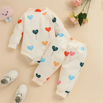 Dojenčke in Malčke Baby Boy Girl valentinovo Obleke z Dolgimi Rokavi Srce, ki Tiskanja Romper Bodysuit Vrh Hlače 2Pcs Oblačila, ki