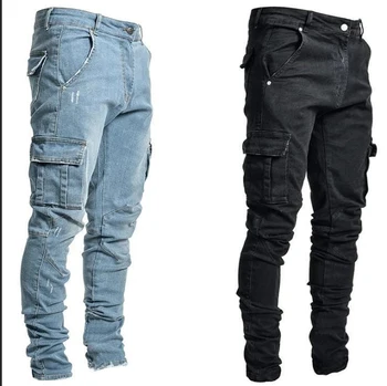 Jeans moške hlače oprati barva multi žep Denim sredi pasu blaga kavbojke plus velikost Fahejie priložnostne hlače za moške dnevno strdek
