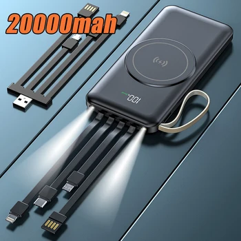 20000mah Magnetno Moč Banke Za iPhone 12 13 14 Powerbank vgrajeni Kabli Hitro Polnjenje Brezžično Moči Banke Zunanje Baterije
