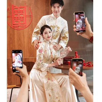 Yourqipao Nosorogovo Vezenje Saten Mandarin Ovratnik Zveze Cheongsam Elegantno Kitajski Par Poročno Obleko Свадебное платье