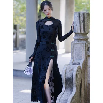 Vintage Kitajski Qipao Tradicionalnih Cheongsam Za Ženske Votlih Iz Black Print Bodycon Qipao Slim Seksi Visoko Split Večerne Obleke