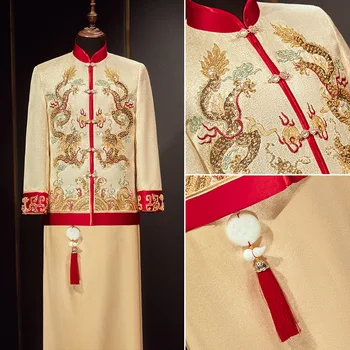 Nov Prihod Moški Kitajski Slog Kostum Nevesta Obleko, Jakno Dolge Obleke Tradicionalni Kitajski Poroko Qipao Za Moške