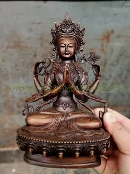 Stari Tibet bronasti kipi bude Molite Safeness Božanskost, 4 roke boginja Kwan-yin