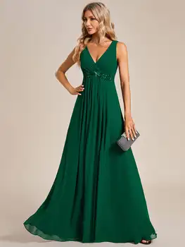Elegantne Večerne Obleke V Vratu Appliques Ruched brez Rokavov Appliques podrobnosti 2023 od Šifon Temno Zeleno-Line Družico obleko