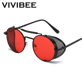 VIVIBEE Steampunk sončna Očala Moških 2023 Trending Gothic Okrogle Rdeče Kovinske Zlitine Punk Očala Retro Stranka sončna Očala