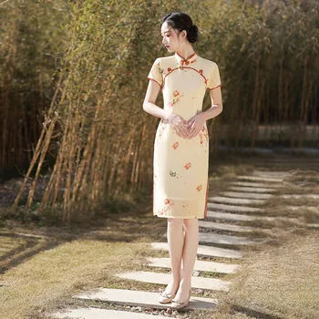 2022 Poletje Elegantno Izboljšano Sodobno Dekle Cheongsam Obleke Klasične Ženske Saten Tiskanja Qipao Dress Vintage Orientalski Stranka Obleko