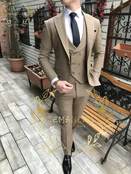 SZMANLIZI 2022 Rjava Moške Obleke Slim Fit 3 Kosov Formalnih Poslovnih Jopič Poroko Ženina Tuxedos Moški Stranka Moda Kostume Homme