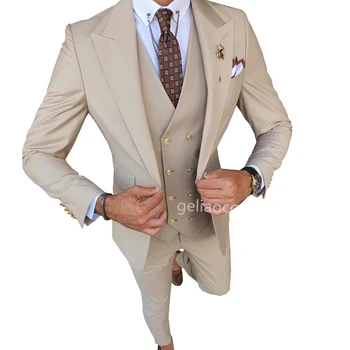 Nova Moda Prilagojene Moške Obleke Slim Fit Svetlobe Kaki Vrha River 3 Kosov Elegantno Formalnih Poslovnih Poročno Obleko, določen za Stranko