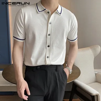 INCERUN Vrhovi 2023 korejskem Slogu Moški Modni Preplete Skladu Priložnostne Srajce Ter Vgradnjo Pletena Elastična Kratka Sleeved Bluzo S-5XL