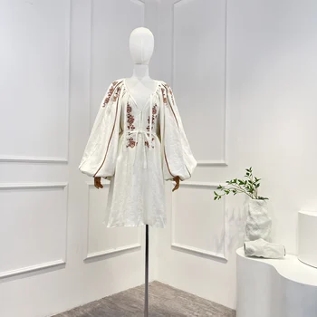 2023 Najnovejši Visoke Kakovosti Vezenje Luč Rokavi Vratu Kravato Naguban Ženske Mini Obleko