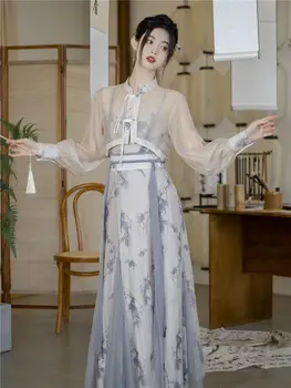 Poletje Vintage Stil Oblačenja Orientalski Nacionalni Cvet Šifon Obleko Ženske Novi Kitajski Slog Orientalski Izboljšano Hanfu Set Oblačila