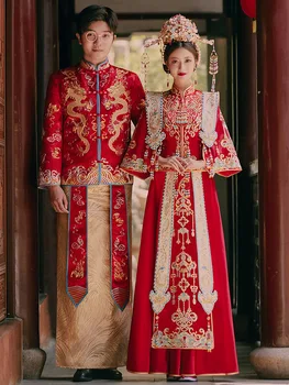 Ženski Elegantni Beaded Tassel Cheongsam Zmaj Vezenje Kitajski Stil Poroka Oblačenja Zveze Nastavite Nevesta Kostum Slim Toast Xiuhe