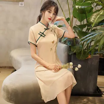 Kitajski Obleko Vezenino Qipao Ženske Elegantne Kratek Rokav Šifon Izboljšano Cheongsam Obleko