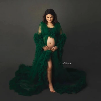 Zelena Zabuhle Nosečnice Fotografijo Ustrelil Oblačilih, Til Ruffles Porodniškega Haljo Ženske Obleke Baby Tuš Halje Fotografija