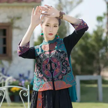 2023 kitajsko novo nacionalni slog žensk vezene jacquardske dvojno rabo waistcoat brez rokavov stojalo ovratnik retro kitajski telovnik s173