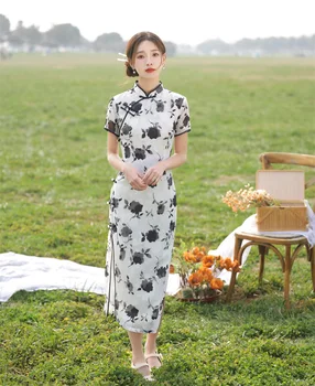 Elegantno Vitek Mandarin Ovratnik, Kratkimi Rokavi Dolgo Cheongsam Orientalski Obleko Kitajski Ženske Dnevno Qipao