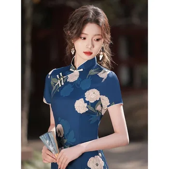 Yourqipao Poletje Dolgo Slim Svile Modra Cheongsam modni brvi Banket Elegantno Qipao Kitajski Tradicionalni Slog Večerno Obleko za Ženske