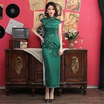 2020 Kitajski Perilo Mandarin Ovratnik Temno Zelena Visoko Split Qipao Vestido Orientalski Dolgo, Tesno Obleko Cheongsam