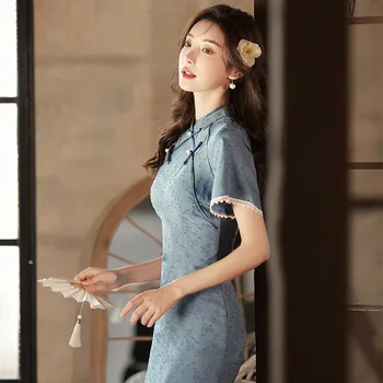 Poletje 2023 Modra Dolgo Cheongsam Mlada Dekleta Elegantno Fotografija Sodobni Kitajski Tradicionalni Slog Večerno Obleko Qipao za Ženske