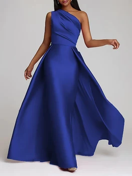 Nov Preprost Modra Prom Obleke za Ženske Ena-Ramo Plašč Elastičnega Satena Gub Formalne Priložnosti Vestidos Par Mujer فستان 2023
