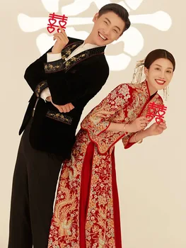 Toast Oblačila Ženske Elegantne Zmaj Phoenix Vezenje Poročno Obleko Lepe Mandarin Ovratnik Zveze Cheongsam