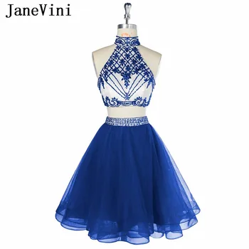 JaneVini Očarljivo Royal Modre Kratke Družico Obleke Dva Kosa Obleko Kristalno Beading Til Črto Dekleta Ples Stranka Oblek