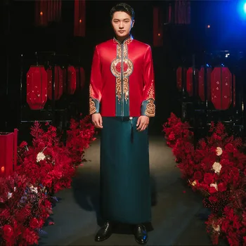 2022 Kitajske Tradicionalne Moške Rdeče Bleščice Vezenje Cheongsam Elegantno Orientalski Ženina Poročna Obleka Tang Obleke Oblačila