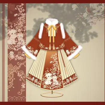 Starodavne Kitajske Otroke Hanfu Spring Festival, Rdeča, Bež barve Blue Velvet Debele Obleke Novo Leto 2023 Obleke za Dekleta