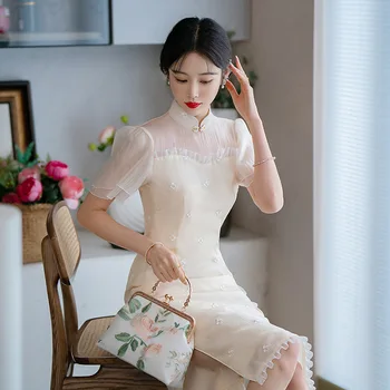 Šifon Cheongsam Krilo Poletje Mlada Dekleta Modni Izboljšano Retro Uspešnosti Stranka Kitajski Stil Oblačenja Žensk Fotografija